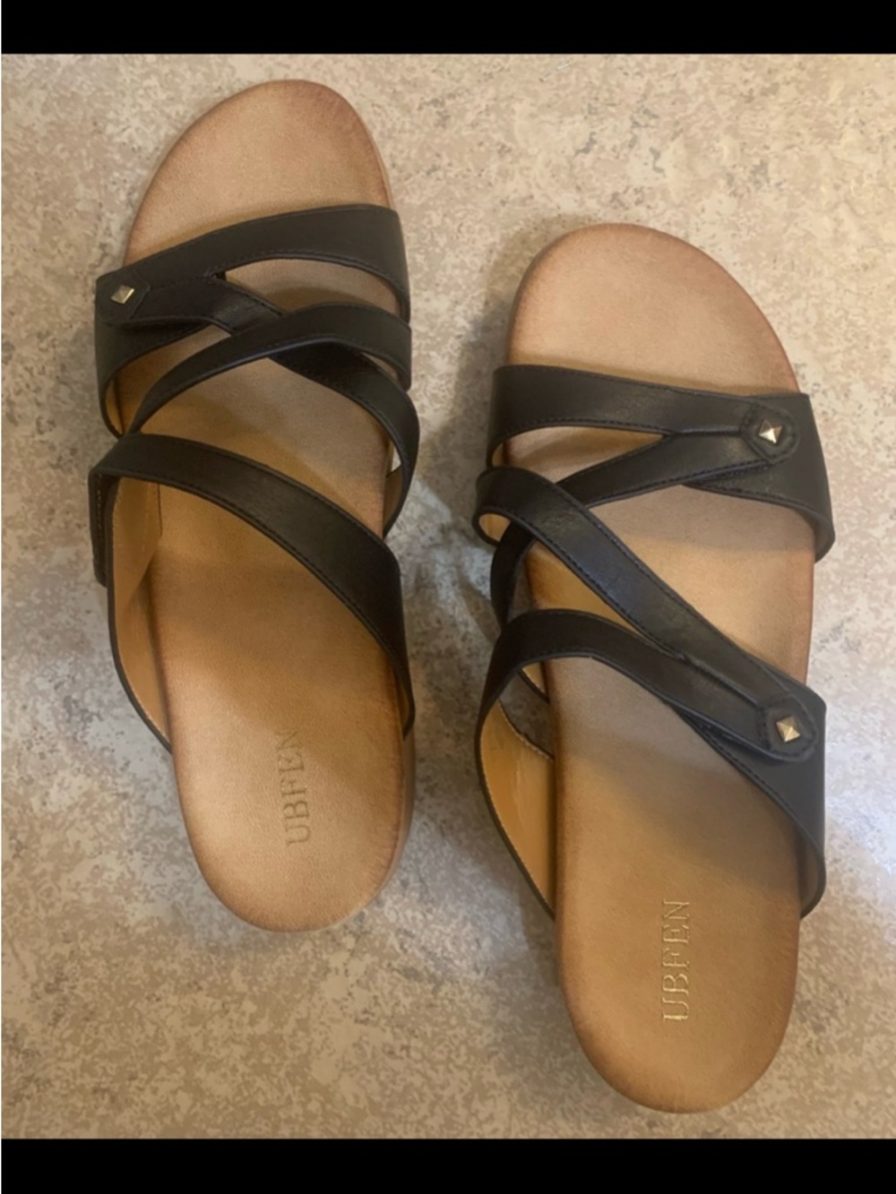 New! UBFEN” Women Black Cross-Strap Slide Sandals for Women w/ Studded accents